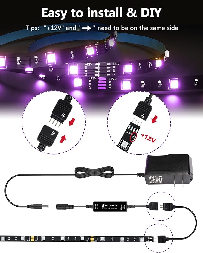 HitLights LED Strip Lights 3 Pre-Cut 12Inch/36Inch LED Light Strip Flexible Color Changing 5050 LED Accent Kit with RF Remote, Power Supply, and Connectors for TV, Home, DIY Decoration