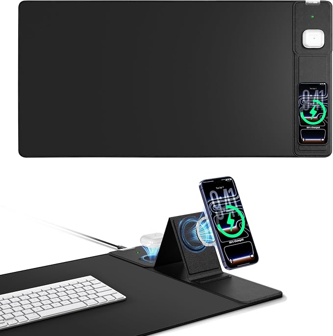 Mouse Pad with Magnetic Wireless Charger & Adjustable Phone Stand | 31.5"x15.8" Full Desk Coverage Mousepad, Waterproof Ultra-Smooth Desk Mat, Non-Slip Base, Black