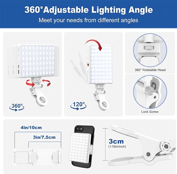 Selfie Light, Phone Light with Front & Back Clip, 60 LED Portable Light with 3 Modes, 5000mAh Rechargeable Video Light for Phone, iPhone, IPad, Laptop, TikTok, Makeup, Lighting Monolights(White)