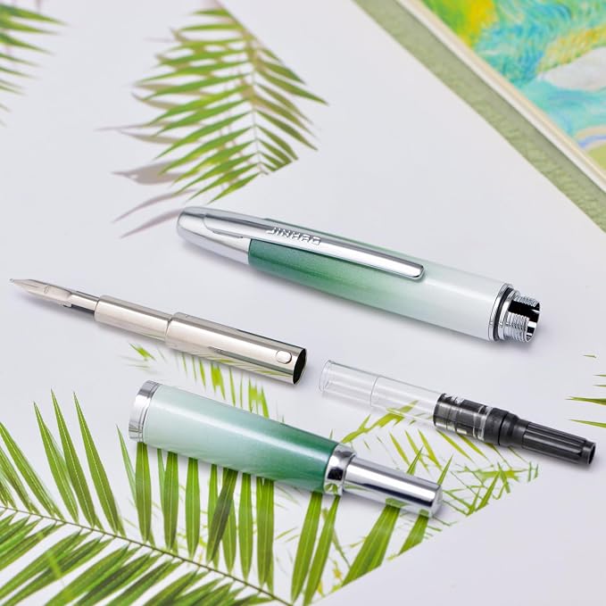 Jinhao 10 Press Fountain Pen with Box, Gradient Grass Green Retractable Fine Nib with Ink Converter Set (Silver Clip)