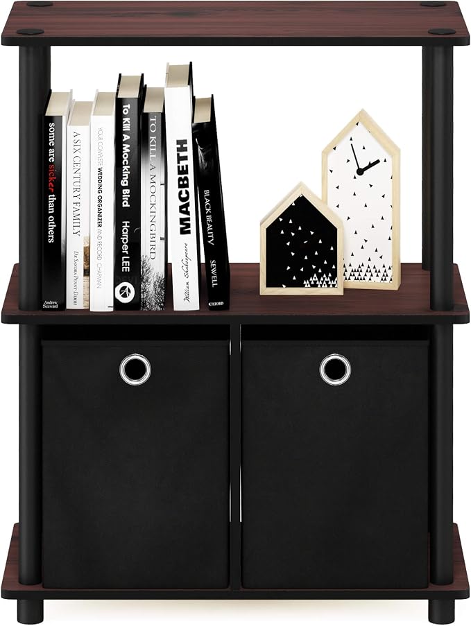 Furinno TURN-N-TUBE Storage Shelves, 3-Tier Toolless Book Shelf with Storage Bins, Display Shelf, for Organization and Storage, Living Room, Garage, Home Office, Dark Cherry