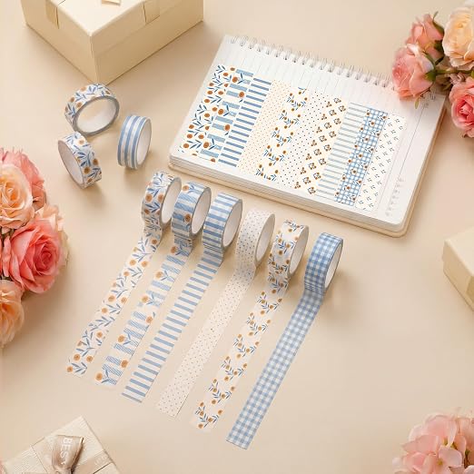 12 Rolls Watercolor Floral Washi Tape Set 15 mm Vintage Flower Decorative Masking Tape for Summer School Arts DIY Craft Scrapbook Journal Supplies Gifts(Beige and Blue,Floral Plaid)