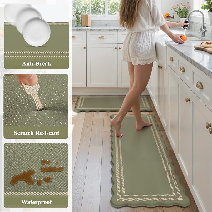 KIMODE Anti Fatigue Mats for Kitchen Floor,Farmhouse Kitchen Rugs Sets of 2 | 17"x47"+17"x29" Cushioned Kitchen Floor Mat Non Skid, Memory Foam Kitchen Mat for Laundry Office Sink Desk Dorm Olive Green
