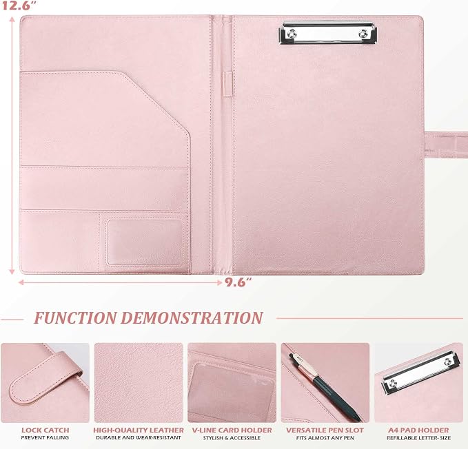 Tiankool Padfolio Portfolio Folder Binder-Faux Leather Portfolio Folder with Cover for A4 Notepad Holder, Business Portfolio for Resume, Legal Pad, Interview, Letter-Size Padfolio for Women/Men, Rose
