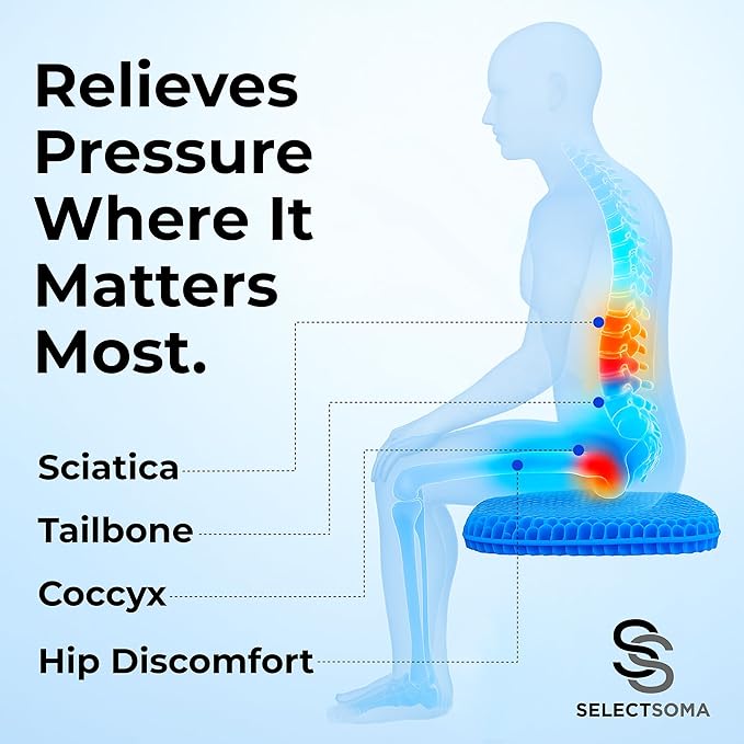 SelectSoma Double-Thick Gel Seat Cushion for Long Sitting Pressure Relief for Back, Sciatica, Coccyx, Tailbone Pain - Cushion for Airplane Travel, Office Chair, Wheelchair, Car & Truck - Egg Seat Pad