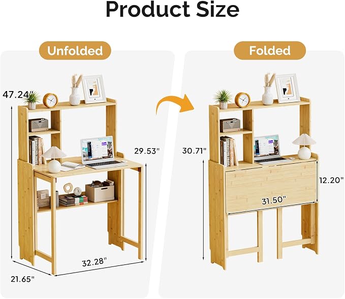 Bamboo Folding Desk with Bookshelf, Compact Computer Desk with Hutch for Small Spaces, Foldable Desk with Storage Shelf, Space-Saving Home Office Desk for Bedroom, Dorm, Apartment,Natural