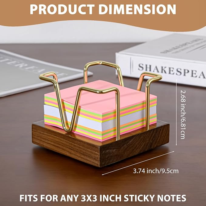 Walnut Wood Sticky Note Holder, 3 x 3 inch Self Stick Note Pad Holder, Post It Note Dispenser Desk Accessories for School and Office Desk Organizer, Gold