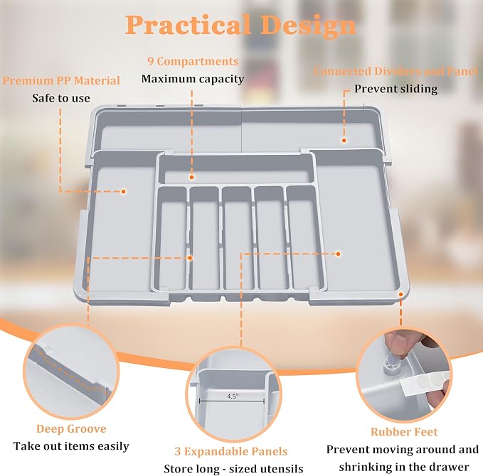 Silverware Organizer Expandable Kitchen Drawer Organizer Adjustable 22"x 19" Utensil Organizer with Rubber Feets Cutlery Drawer Organizer for Spoons Forks Knives Kitchen Organizers and Storage Grey
