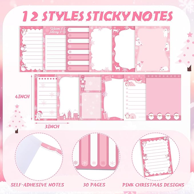 12 Pcs Christmas Sticky Notes Pink Christmas Notepad Santa Snowflake Snowman Self Adhesive Memo Pads Xmas Gift Cute Decorative Notepad Winter Party Favor for Office Winter Holiday Gift
