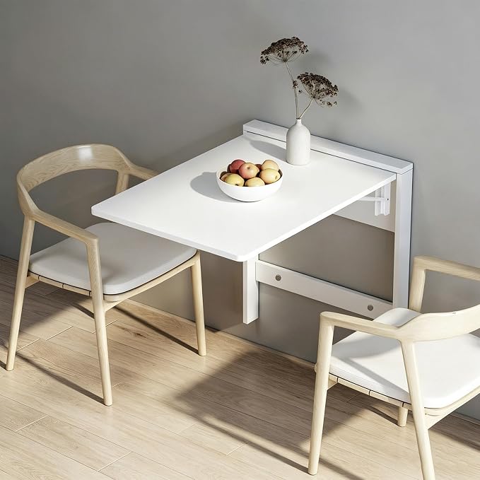 Space-Saving Wall Mounted Folding Dining Table Heavy Duty Floating Desk for Small Spaces Kitchen Laundry Room Study（Chair not Included in Product）(White)