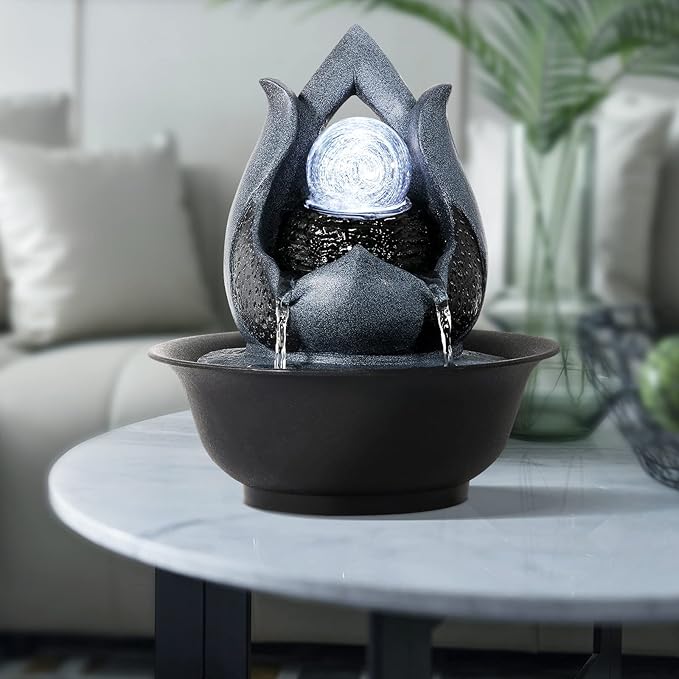 WICHEMI Indoor Water Fountain Tabletop Fountains with LED Rolling Ball, Feng Shui Zen Meditation Desktop Waterfall Fountains Calming Water Sound Relaxation Fountain for Home Bedroom Office (Style 12)