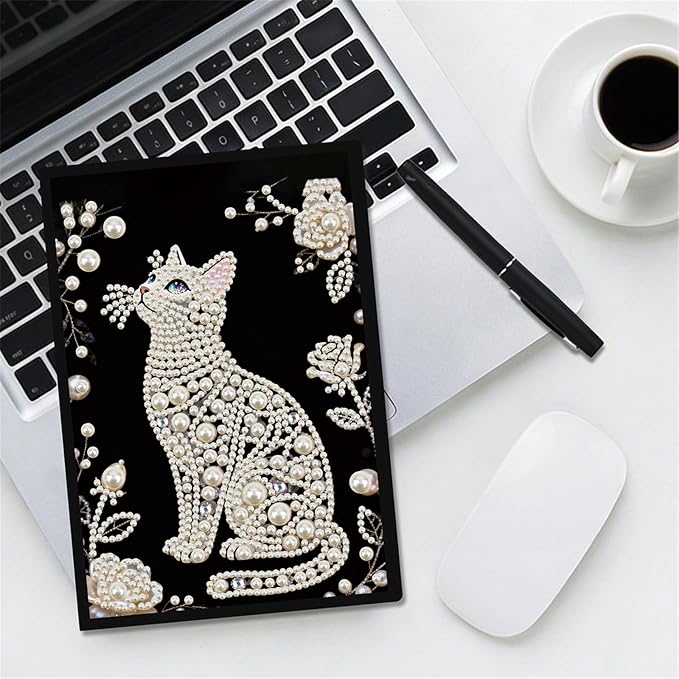 FRANDEK Pearl Painting Notebook Kit, Black and White Cat A5 DIY Journal with 50 Blank Pages, Diamond Gem Art Cover with Waterproof Canvas, Beginner Craft Set with Full Tools for Adults