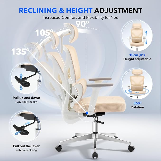 Office Chair Ergonomic Desk Chair - Home Mesh Office Desk Chair with Adjustable Lumbar Support, High-Back Computer Gaming Chair with Headrest 3D Armrests, Rolling Swivel Task Chairs for Home, Office