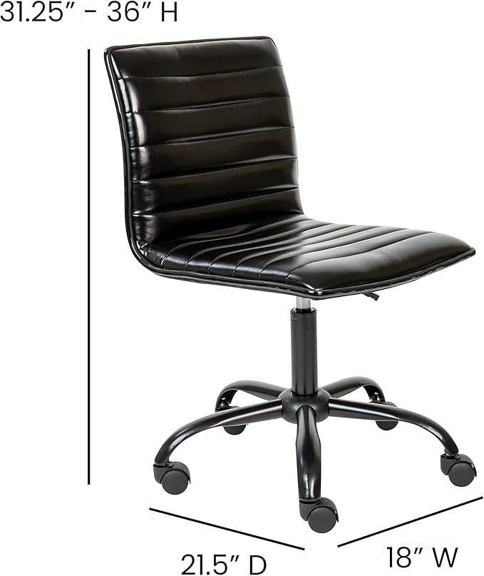 Flash Furniture Alan Office Task Chair - Black Vinyl - Black Frame - Armless - Ribbed Back and Seat - Low Back Design