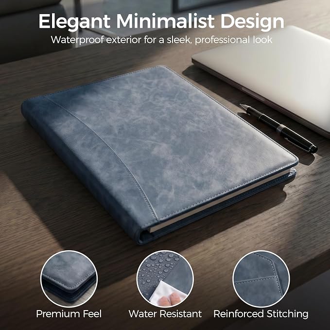 Koogel Portfolio Leather Binder, Dark Blue Padfolio Folder for Legal Pad Portfolio Organizer with 30 Sheets Writing Notepad