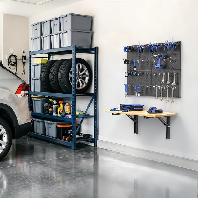 WALMANN Space Saving Wall Mounted Folding Workbench with Pegboard Kit, Heavy Duty Folding Wall Table/Desk for Garage, Workshop, Holds Up to 150 lbs(Tabletop Size: 31.5 x 15.75 in)