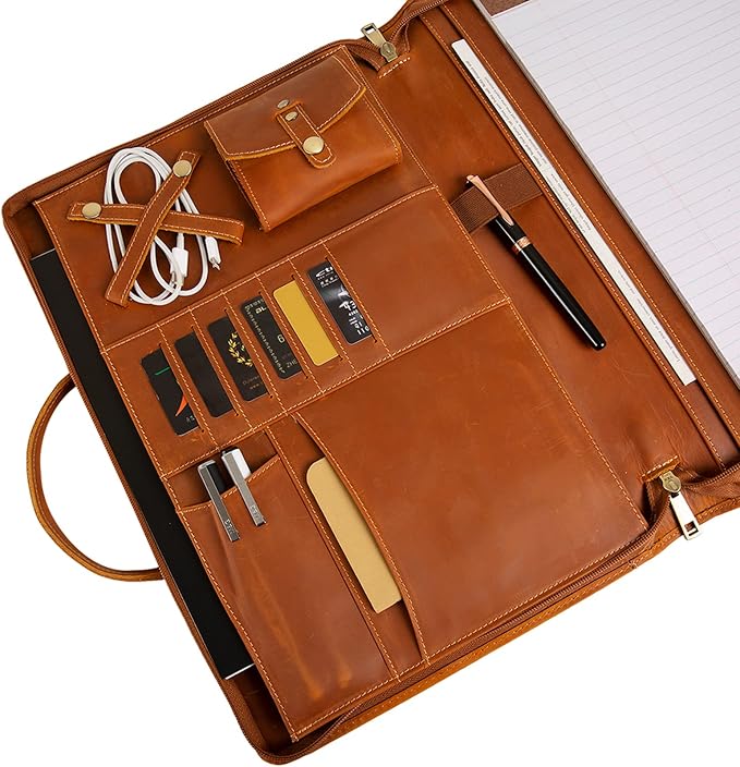 Genuine Leather Portfolio, Padfolio Organizer with Handle, Personalized Padfolio，Padfolio with Zipper for Men Women，Suitable for 15-inch Laptop Legal Pad Padfolio, Brown