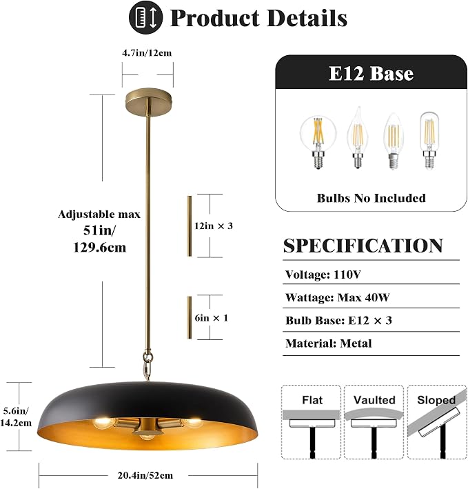Large Pendant Lights Kitchen Island 20.4in, Black Gold Dining Room Fixture | 3-light hanging dome chandelier, modern all-metal frame, adjustable 18-54in downrod, E12 40W base, for over table bar cafe