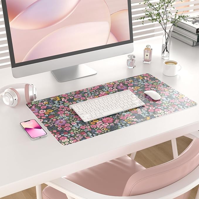 Colorful Star Large Mouse Pad, Floral Desk Mat Office Supplies, Waterproof Faux Leather Big Gaming Mousepad for Women Girls, Blooming Flowers Desk Pad Home Office Décor Accessories 23.6" x 13.8"