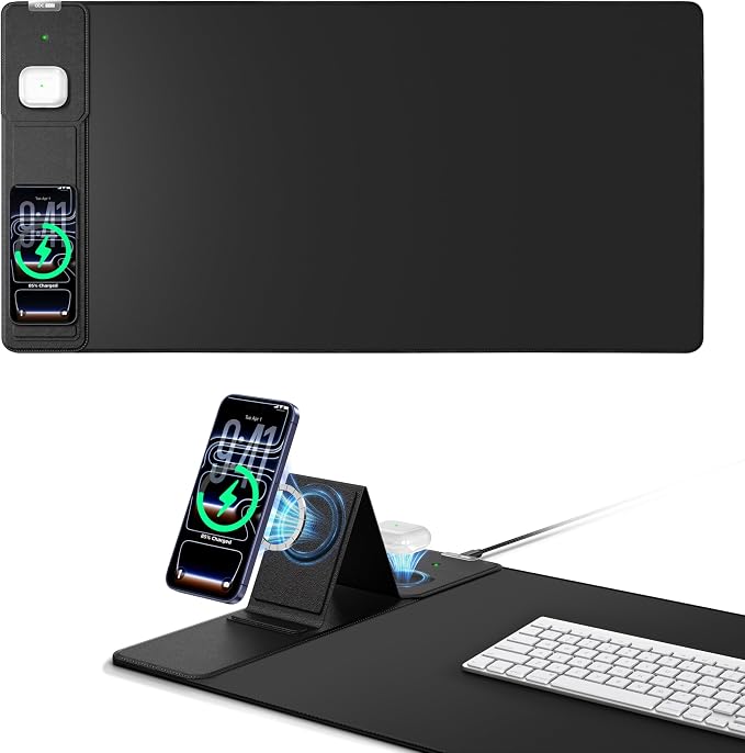 Mouse Pad with Magnetic Wireless Charging & Adjustable Phone Stand, 31.5"x15.8" Extended Desk Mat, Waterproof Ultra-Smooth Keyboard Pad, Non-Slip Base, Black