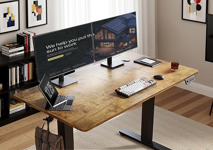 YDN Electric Standing Desk Adjustable Height, 63 x 24 Inches Stand up Desk with Cable Management, Home Office Desks with Splice Board & Black Frame, Rustic Brown Top