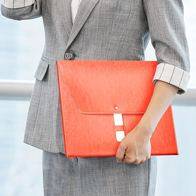 PU Leather A4 File Folder Large Document Holder Waterproof Envelope Folder Case with Handmade Closure (Orange)