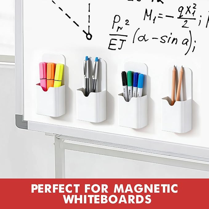 BEYGORM 4 Pack Magnetic Pen Holder for Whiteboard, Upgraded 1.5 mm Pencil Cup Organizer for Dry Erase Markers, Ideal Classroom, Office, Refrigerator, Locker (White)