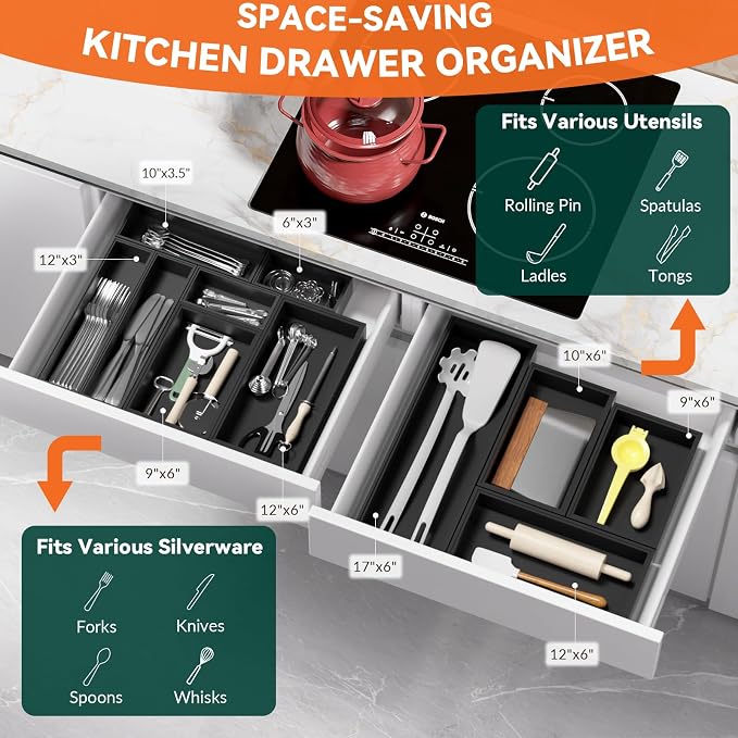 Lixple Bamboo Drawer Organizer for Kitchen Utensils, 2 Pack Stackable Cutlery Trays, Fits 1/2" Knives and Silverware, 10" x 3.5" x 2" (Outer), 9.3" x 2.8" x 1.3" (Inner), Black