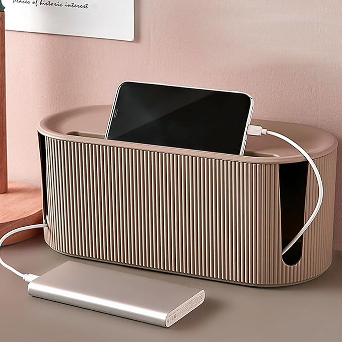 Cable Management Box,Desk Cord Organizer Box with Groove Cover,Plastic Cord Hider Box,Large Cable Box Organizer for Storaging Power Socket/TV/Computer/Router/Games Console Cable (Milk Tea)