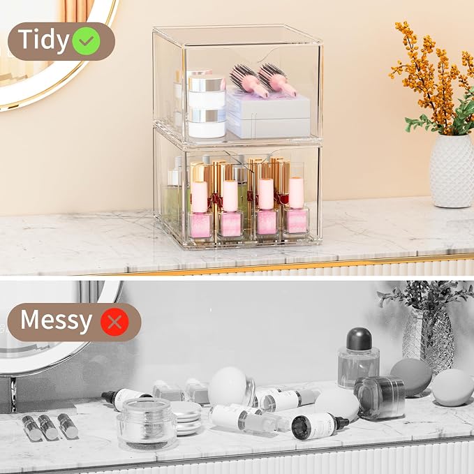 2 Pack Clear Tea Bag Organizers with Adjustable Dividers, Stackable Tea Drawer Organizer Box for Pantry, Coffee Bar, Kitchen Cabinet, Acrylic Food Storage Bins for Snacks, Sugar & Spice Packets