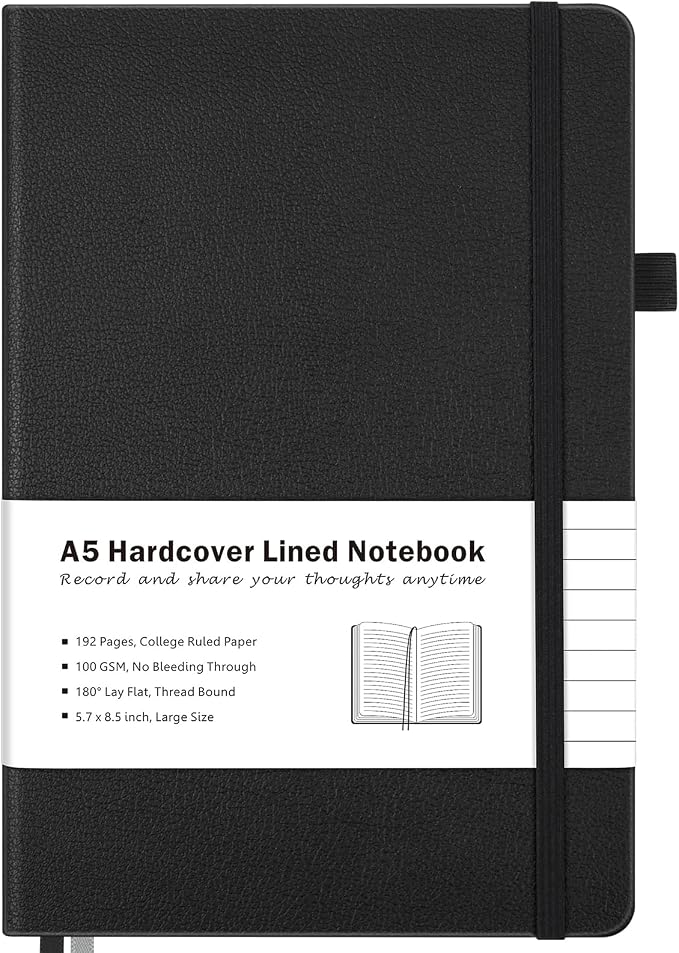 College Ruled Notebook, A5 Hardcover Leather Notebook for Work, Lined Notebook Journal for Women, Men, 100GSM Thick Paper, Large Notebook with Pockets, Professional Business Notebook, 5.7"x8.5", Black