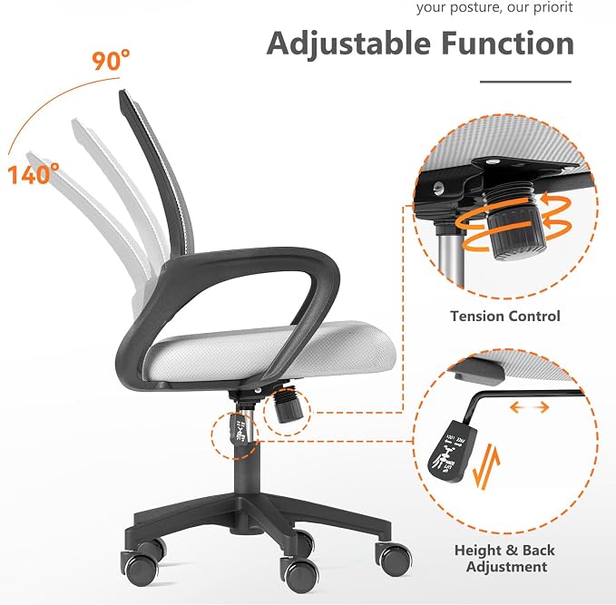 OS MOTOR Ergonomic Mid-Back Mesh Office Chair (White) | Lumbar Support, Adjustable Height, Swivel Rolling Design, Comfy Armrest, Home, Office, Work, Study, Gaming, Vanity