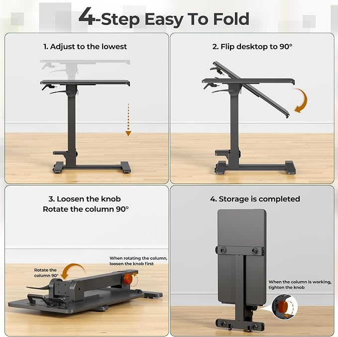 Foldable Mobile Standing Desk, 27 Inch Small Rolling Laptop Cart Height Adjustment, 90° Tiltable Sofaside Table, No Assembly Needed Portable Computer Workstation, Black