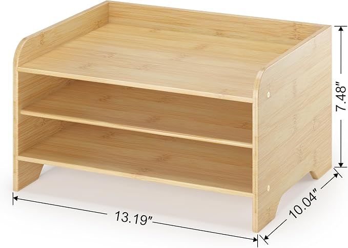 Bamboo File Organizer for Desk, Desktop Paper Tray and Mail Holder | Three open tiers keep A4/letter paper, folders, bills and mail sorted, visible and easy to reach while saving desk space