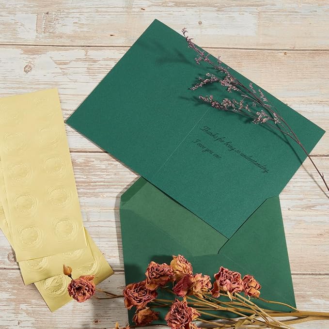 50 Pack Dark Green A7 Envelopes with Cards and Gold Stickers, 5x7 | With Thick Folded Cardstock, For Greeting Cards, Wedding, Birthday, Invitations, Baby Showers