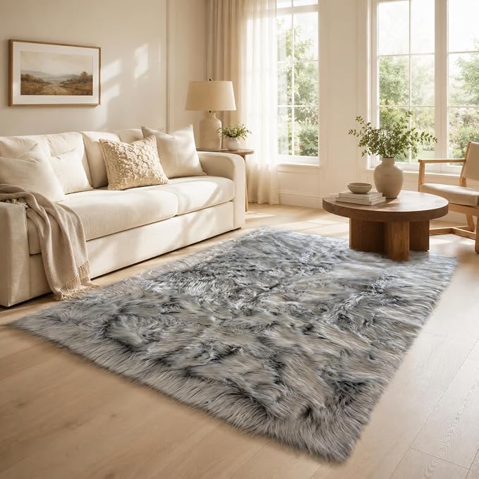 EasyJoy Faux Sheepskin Rug, Fluffy Faux Fur Rug, Ultra Soft Shag Area Rug with Non-Slip Backing for Bedroom, Living Room, Nursery, Kids Room(4 x 6 ft Rectangle, Frosted Bottom Gray)