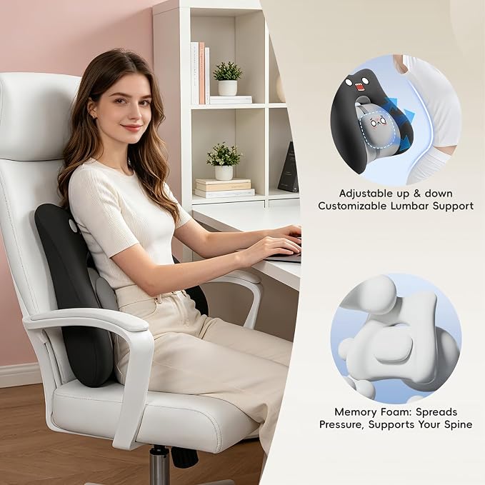 BEBAS Lumbar Support Pillow for Car & Office Chair - Ergonomic Back Support Cushion with Adjustable Memory Foam Bolster, Cute Cartoon Design, Lower Back Pain Relief for Driving & Desk Work - Black