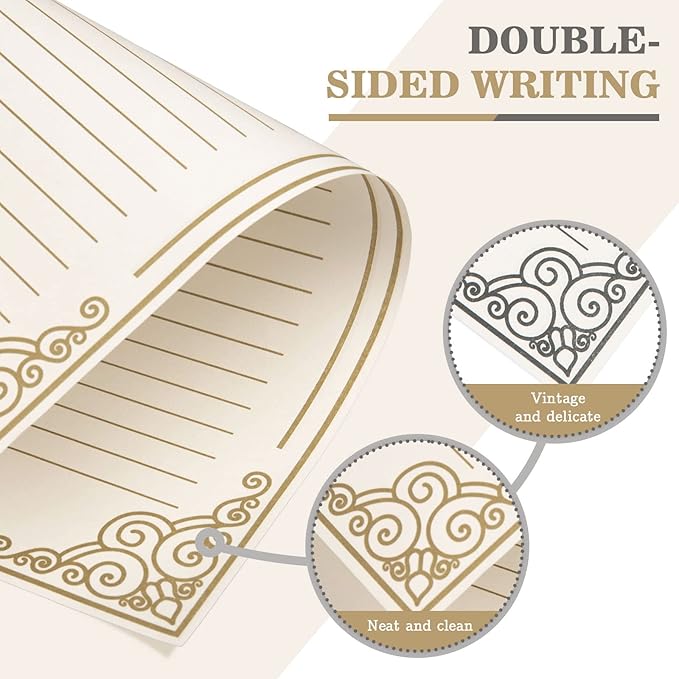 AnyDesign 60 Sheets Vintage Stationery Paper with 30Pcs Self-Adhesive Envelopes Gold Black Border Letter Paper Liner Double-Sided Writing Paper for Birthday Wedding Invitation Thank You Greetings