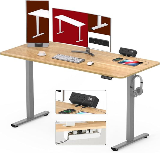 SANODESK Electric Standing Desk with Desk Clamp Power Strip 60"x 24" Whole-Piece Desktop Height Adjustable Stand Up Desk with Cable Management Sit Stand Home Office Desk Silver Frame/Maple Top