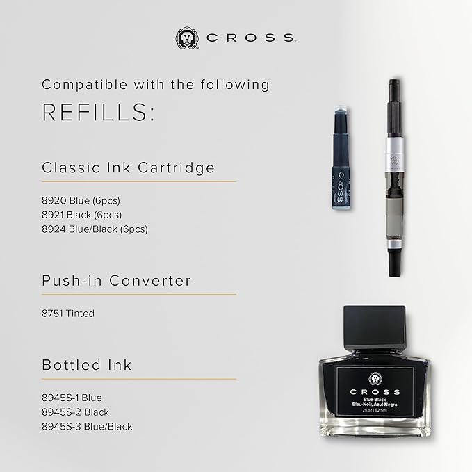 Cross Bailey Medalist Stainless Steel Medium Nib Fountain Pen - Professional Fountain Pen for Effortless Writing - Refillable - Black Ink - Gift-Ready