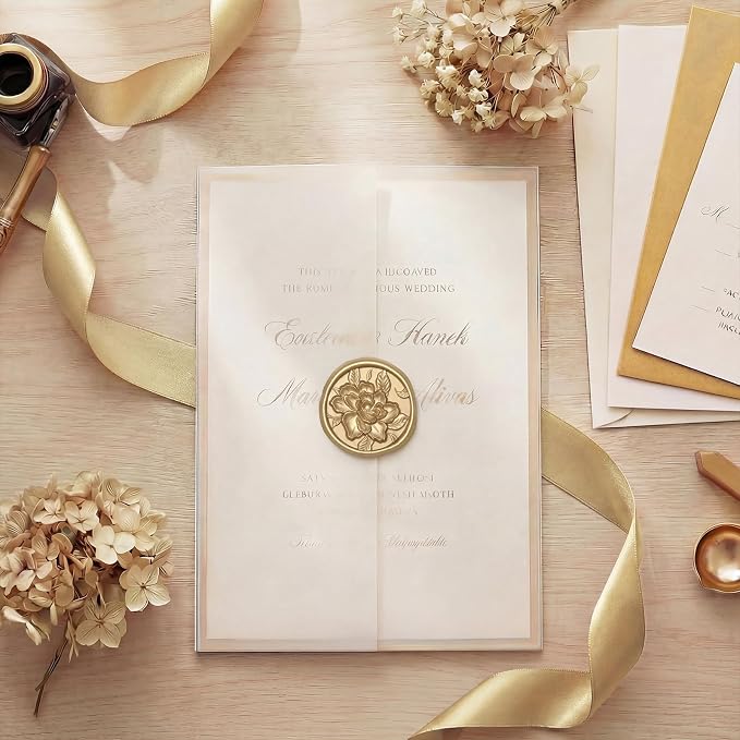 UNIQOOO Wax Seal Stickers - 3D Vintage Floral Wedding Invitation Envelope Botanical Seal Stickers, 50 Pcs Self- Adhesive Light Gold Flower Stickers, Perfect for Invitation, Gift Wrapping, Party