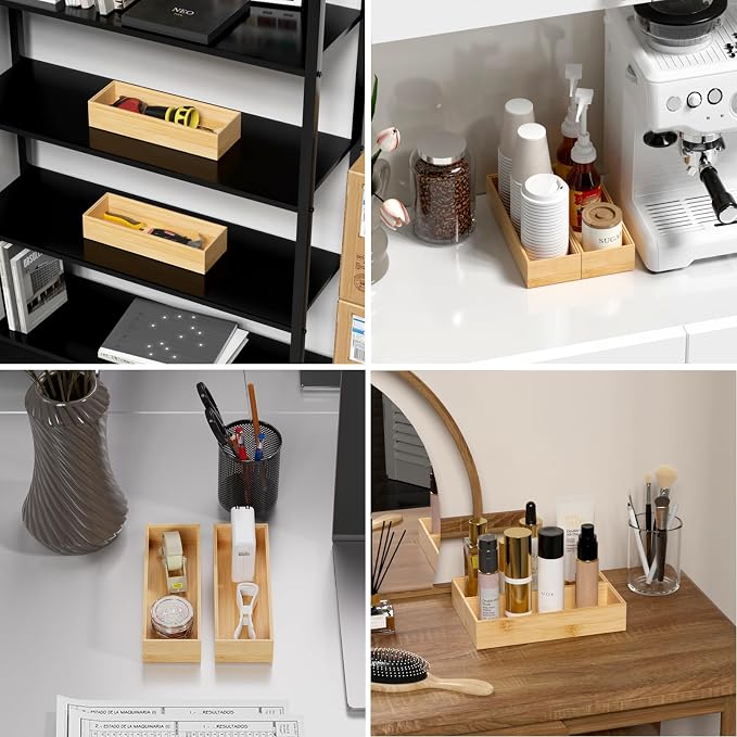 Lixple Bamboo Drawer Organizer for Kitchen Utensils, 2 Pack Stackable Cutlery Trays, Fits 1/2" Knives and Silverware, 10" x 3.5" x 2" (Outer), 9.3" x 2.8" x 1.3" (Inner)