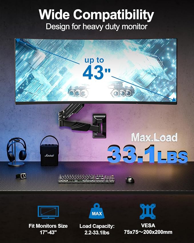 Single Monitor Wall Mount for Max 43" Holds up to 33.1lbs Screen | Wall Monitor Mount for Ultrawide Computer Screen, Height Adjustable Full Motion Gas Spring Vesa Wall Mount, Max 200x200mm