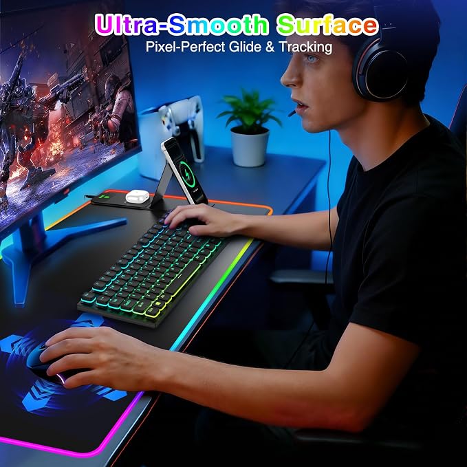 RGB Gaming Mouse Pad with Magnetic Wireless Charging & Foldable Phone Stand | 31.5"x15.8" XXL Large LED Mousepad with Stitched Edges, Ultra-Smooth Waterproof Surface, 25 Lighting Effects, Non-Slip Base