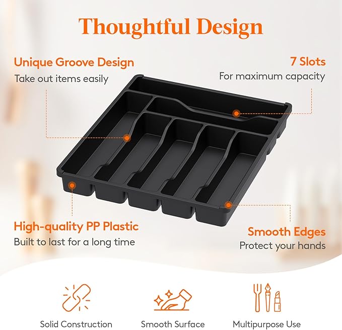 Lifewit Silverware Drawer Organizer Tray, Plastic Cutlery Storage for Kitchen, Flatware and Utensil Holder Divider for Spoons Forks Knives Tableware, 12.3 x 14.2", 7 Slots, Black