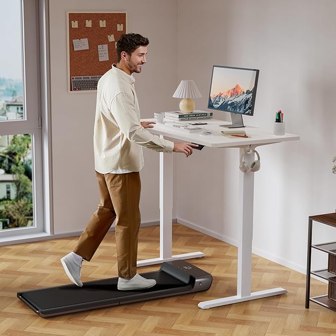 WALKINGDESK 48x24 Inches Height Adjustable Electric Standing Desk with 2 Hooks for Home Office, Ergonomic Sit Stand up Desk with Splice Board, White