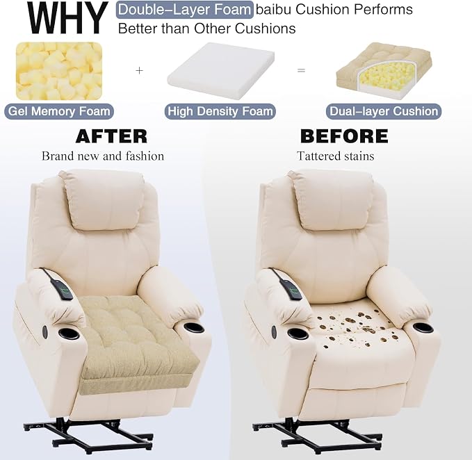 baibu Extra Large Memory Foam Recliner Cushions with Lumbar Support Pillow for Elderly, 20x20x5 Inch Thick Dual-Layer Patent Design Non-Slip Recliner Seat Cushion for Reduce Hip & Lumbar Pain, Beige