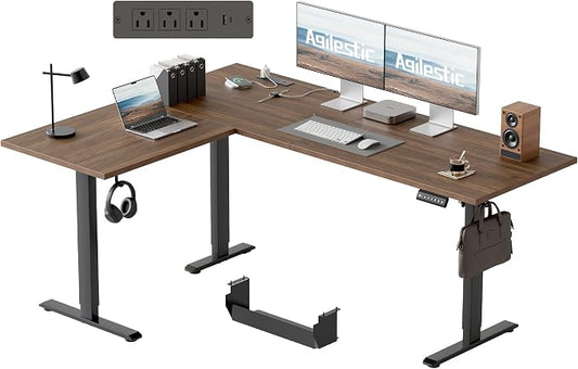 Agilestic Electric L Shaped Standing Desk 63 x 48 Inch with Power Outlet, Height Adjustable Corner Stand up Desk with Cable Management,Sit Stand Home Office Workstation with Splice Board, Dark Walnut