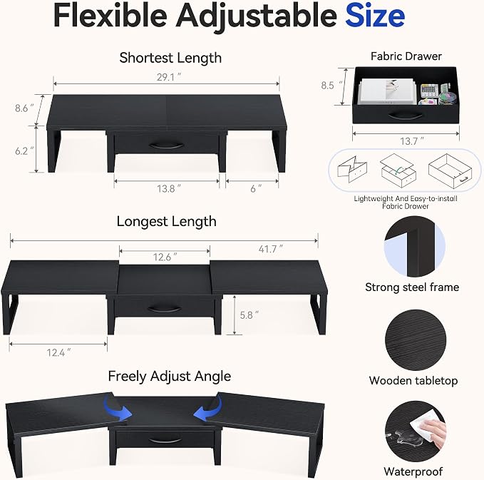 Dual Monitor Stand Riser, Desk Organizers and Accessories with Drawer, Computer Monitor Stands for Desk, Adjustable Desktop Shelf for PC Laptop Printer TV, Black