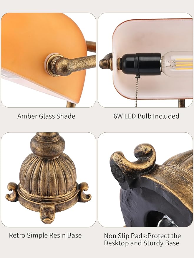 Newrays Retro Amber Glass Bankers Desk Lamp with Pull Chain Switch for Home Office, Library, Plug in Fixture, LED Bulb Included